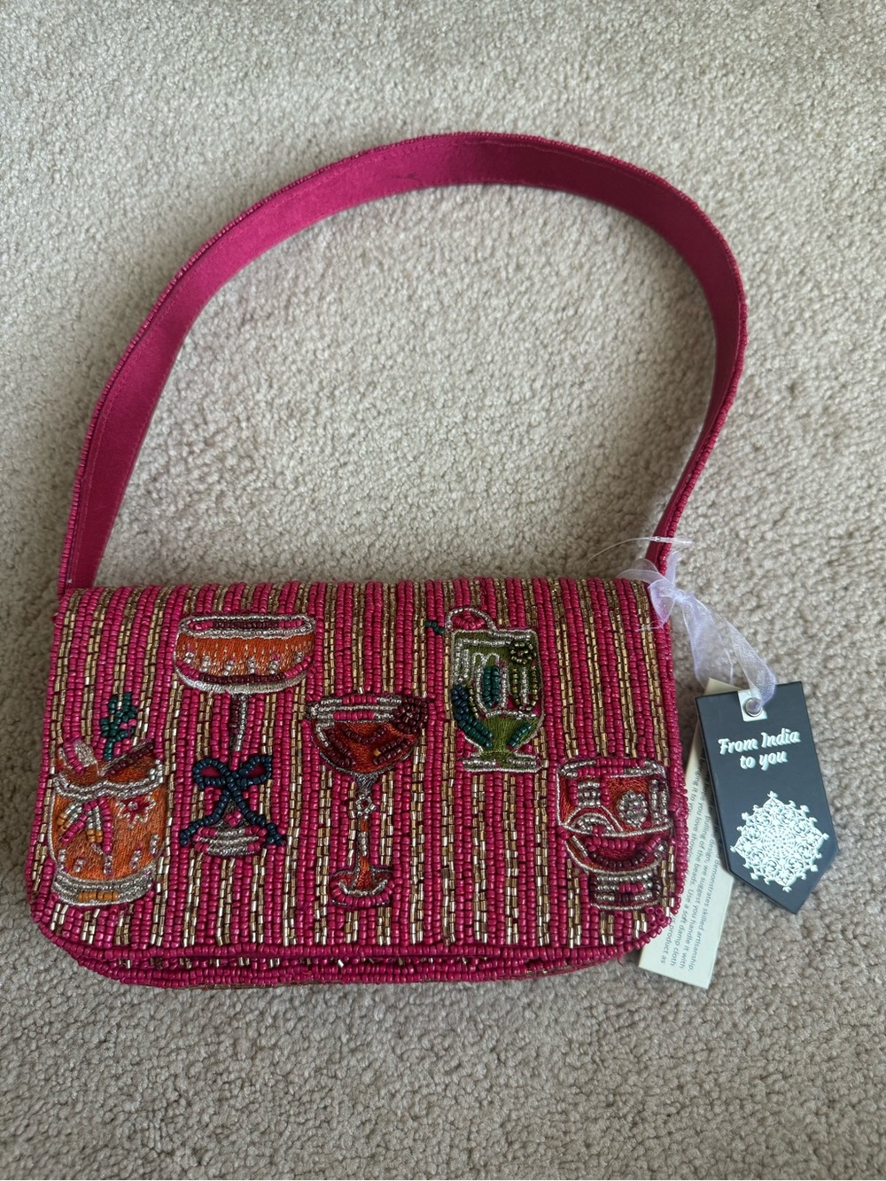 Pink Embellished Beaded Cocktail Shoulder Bag